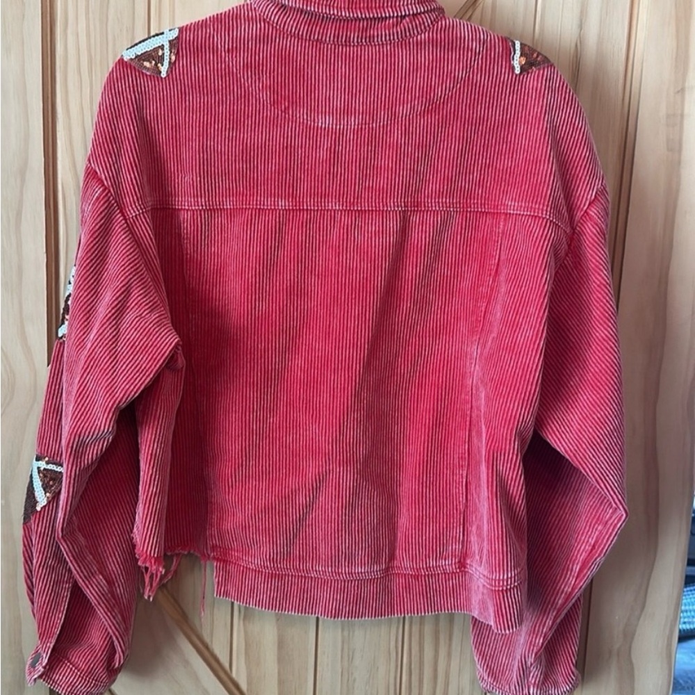 NWT Red Corduroy Football Print Cropped Sequin Jacket - Picture 5 of 11